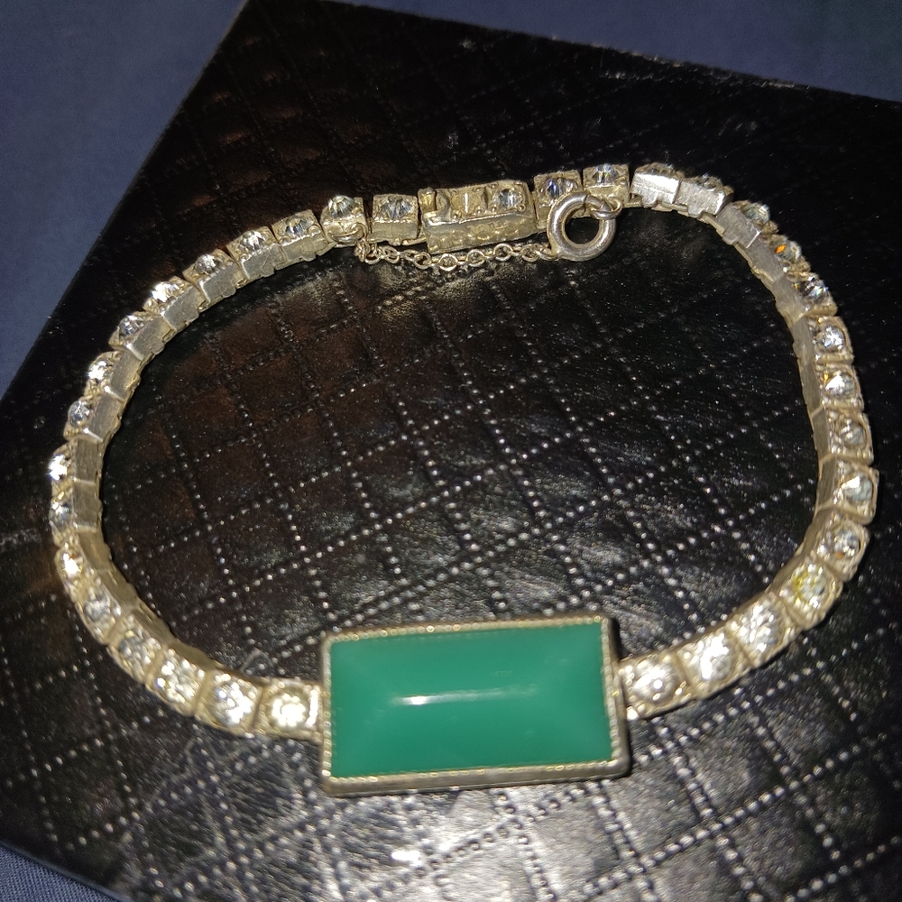 Sterling, jade & CZ vintage bracelet.